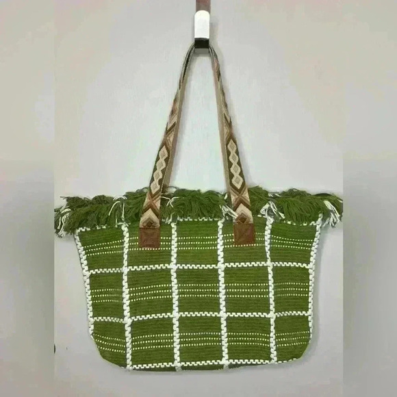 Women’s Large Shoulder Boho Style Tote Bag, Green/White - Picture 1 of 7